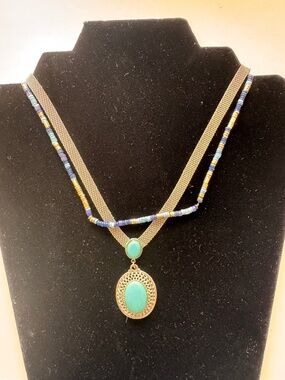 2 pcs Vintage Layered Necklace Set Beaded Chain Green Stone Pendant Boho Jewelry